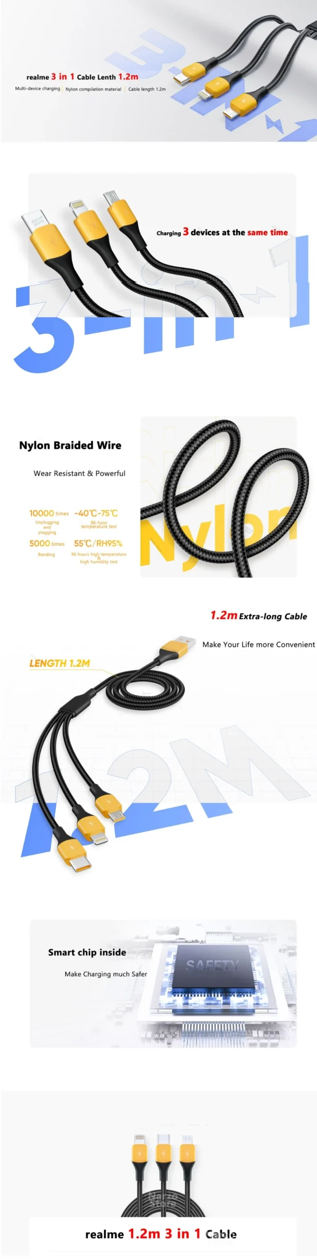 Type C Lightning Micro USB Cable 10W Length 1.2m Support Dart,Vooc,Warp Realme 3 in 1 PET Weave Type C Lightning Micro USB Cable