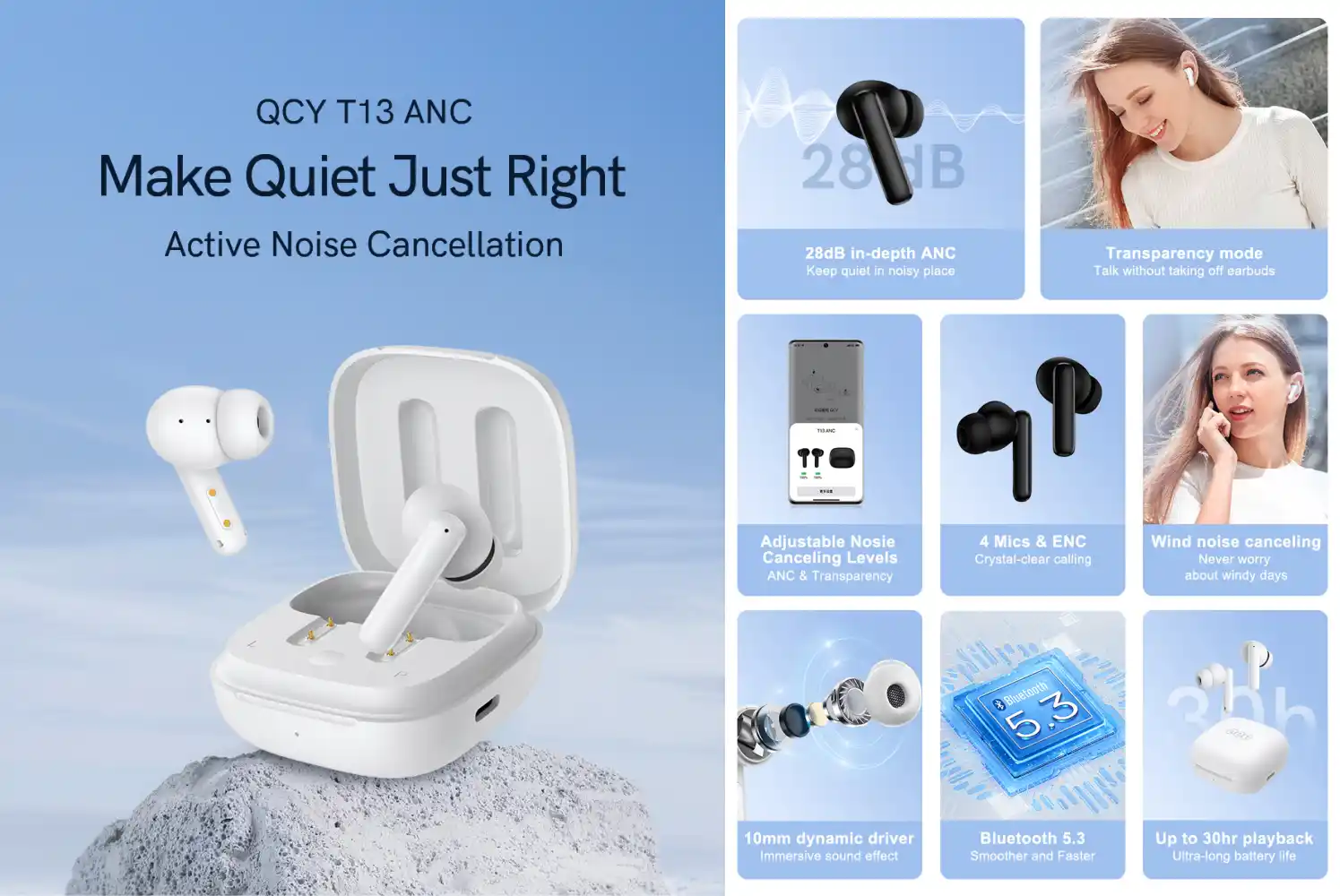 QCY T13 ANC TWS Earbuds Smart Noise Canceling Adjustment