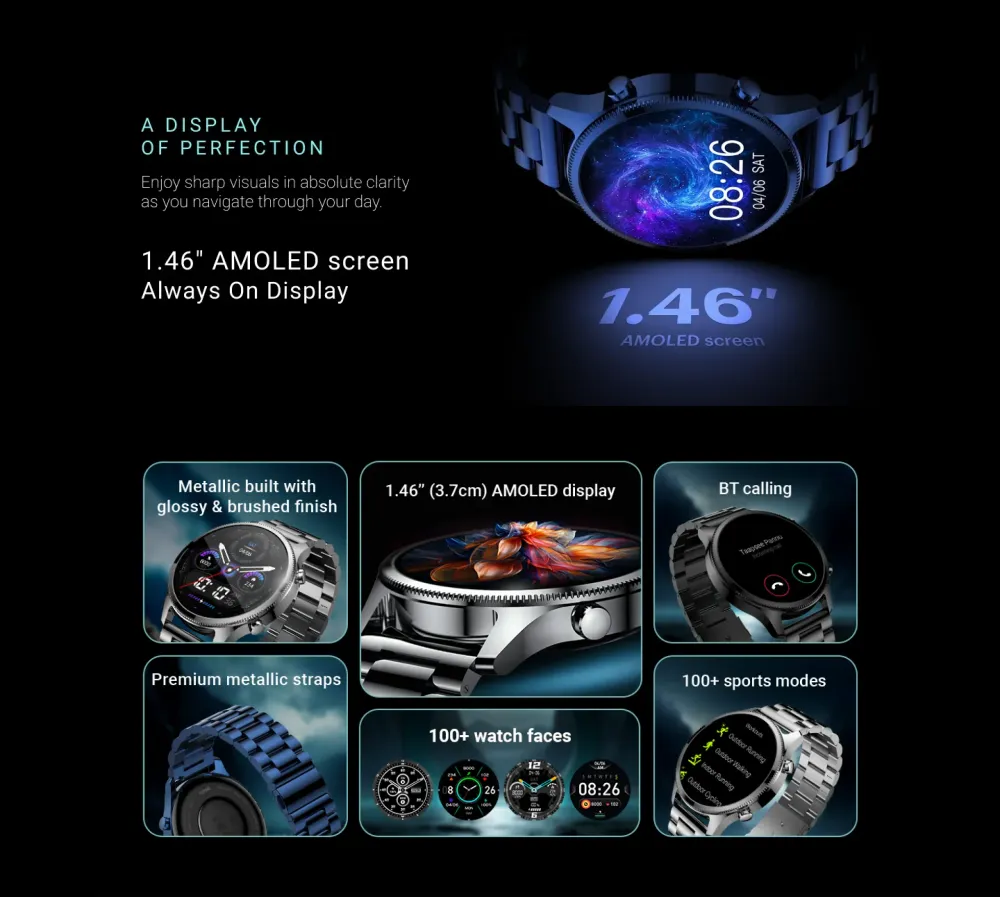 Noise Halo Plus 1.46 inch Super AMOLED display elite smartwatch with BT calling and metallic strap
