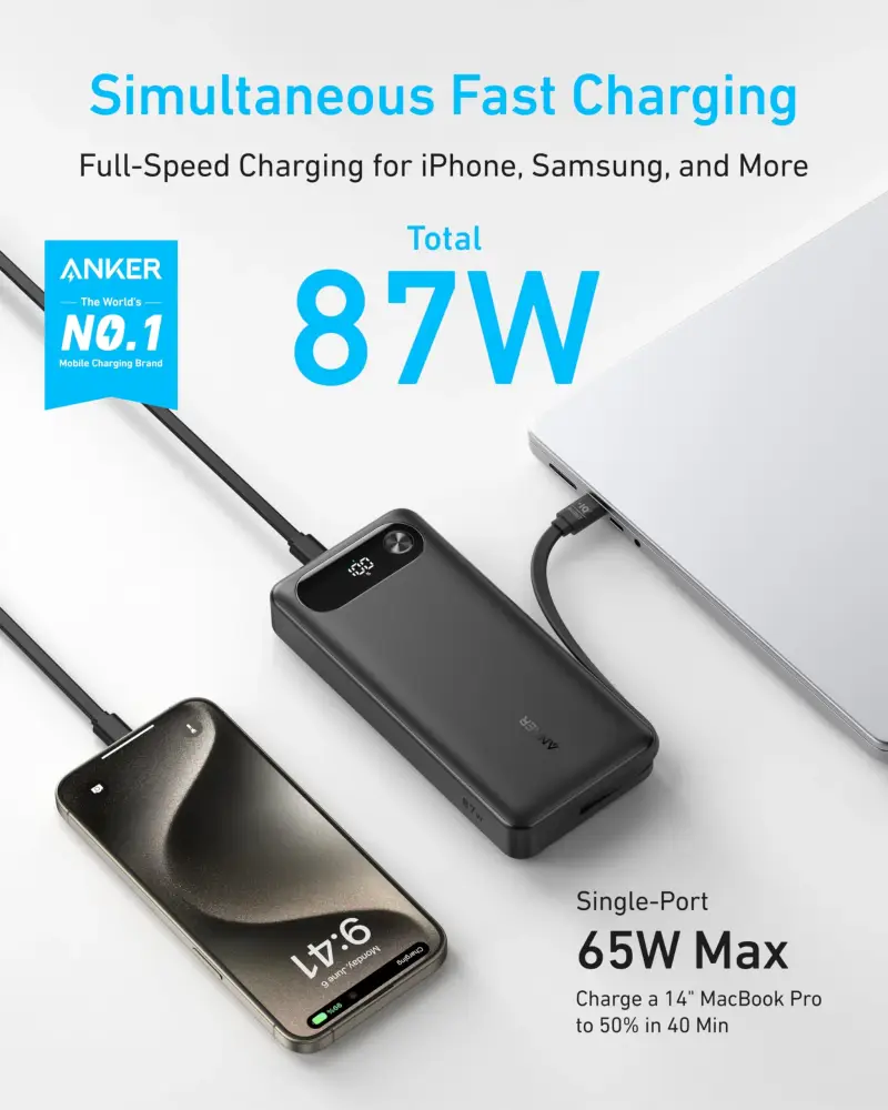 Anker A1383 87W Power Bank 20000mAh Built-In Cable fast charging design
