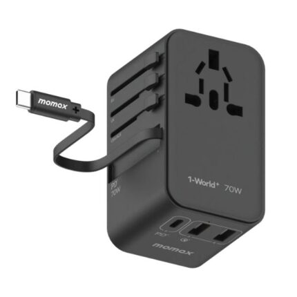 1-World+ 3-Port Travel GaN Charger With Built-in USB-C Cable 70W