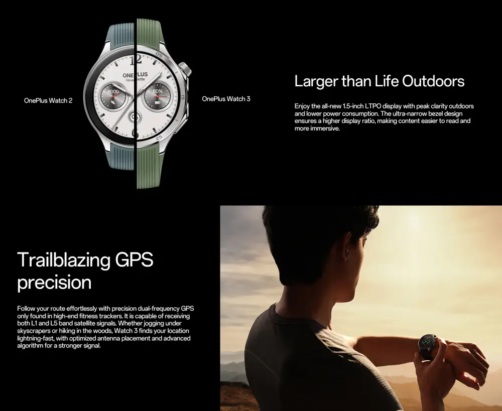 OnePlus Watch 3 46mm smartwatch with LTPO display and dual-band GPS tracking feature