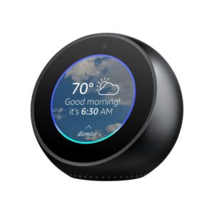 Amazon Echo Spot 1st Gen Alexa Smart Clock in Black showing weather and alarm