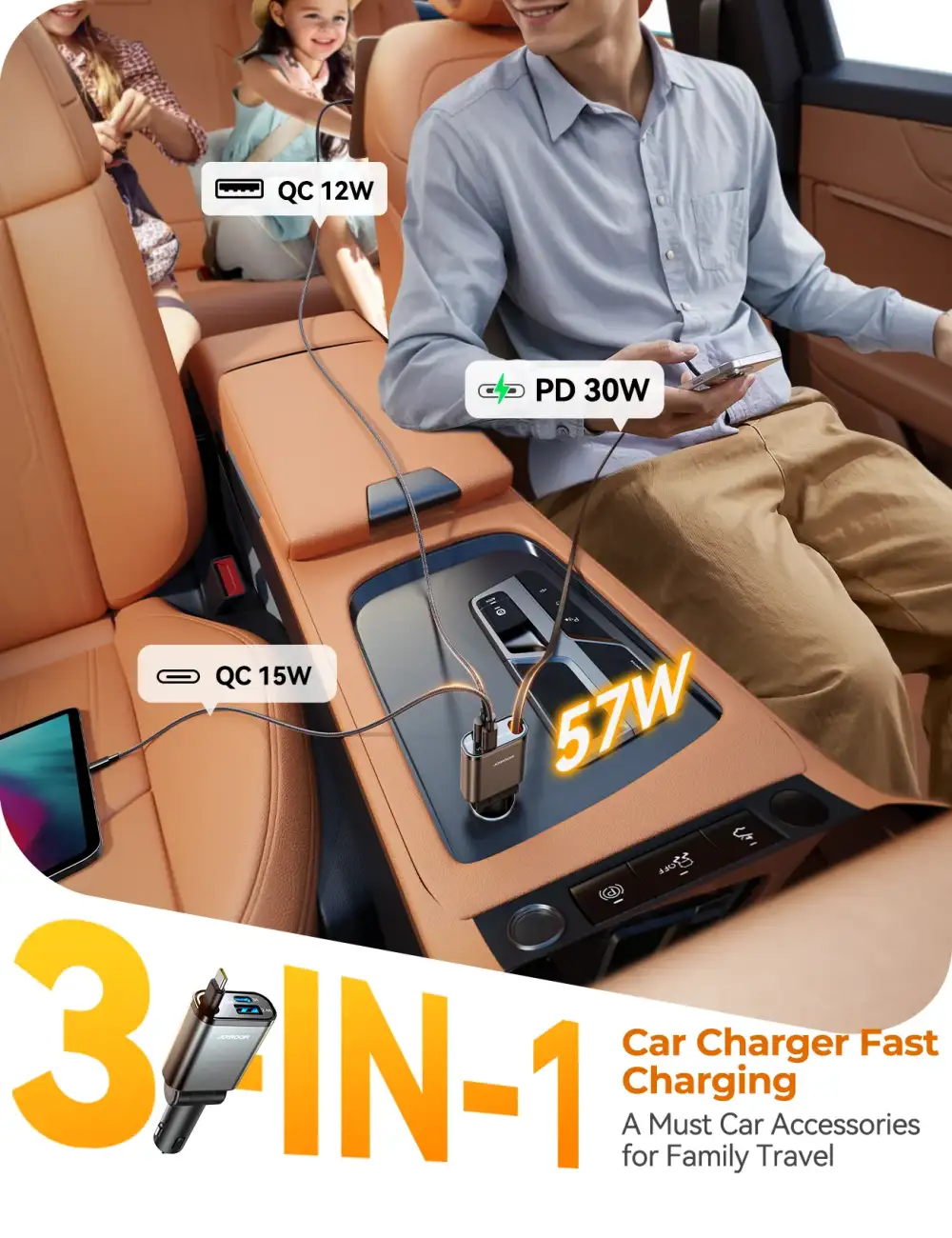 JOYROOM JR CCL07 3 in 1 Retractable Car Charger 1