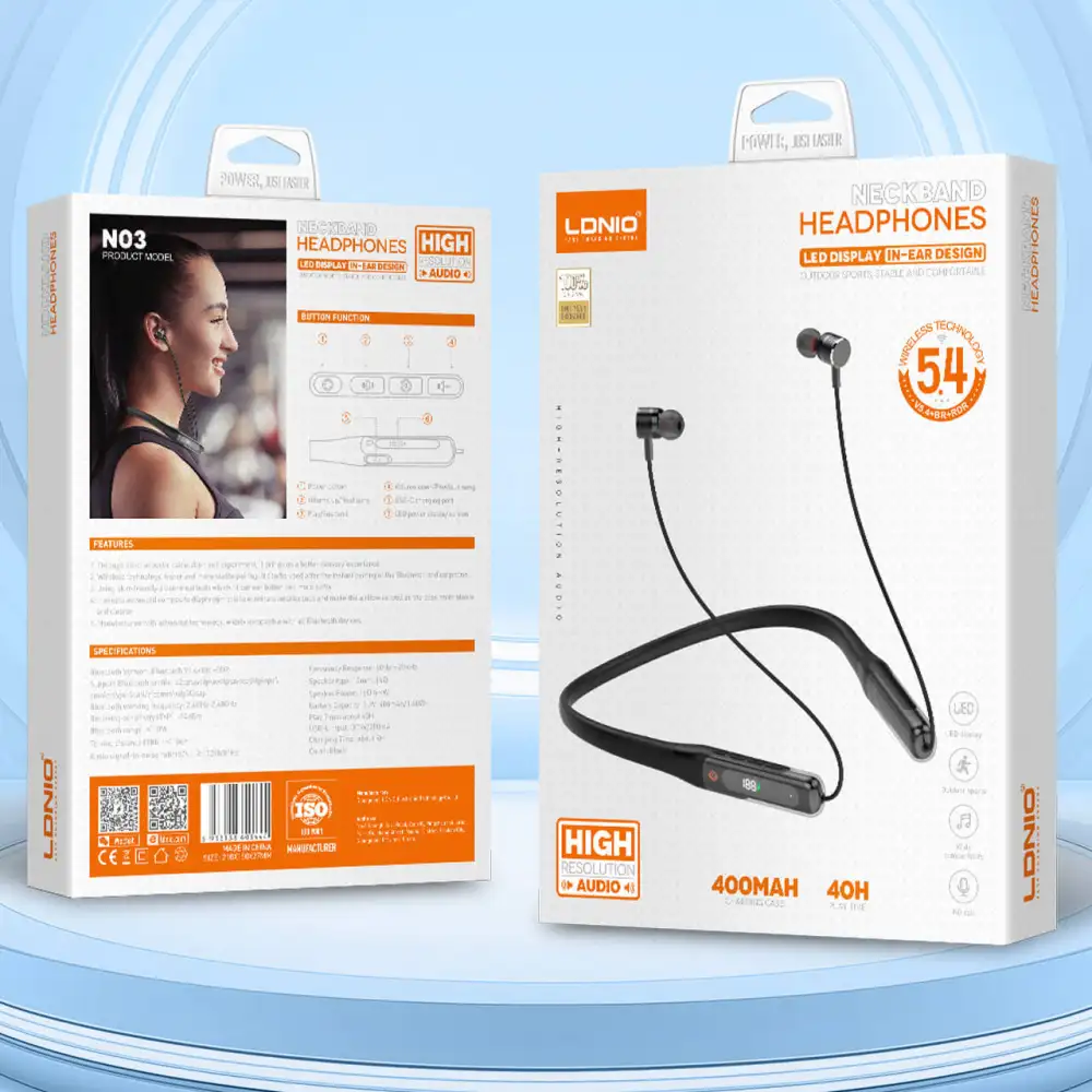 Show the LDNIO N03 Bluetooth Stereo Neckband Earphones highlighting its sleek neckband design and flexible build.