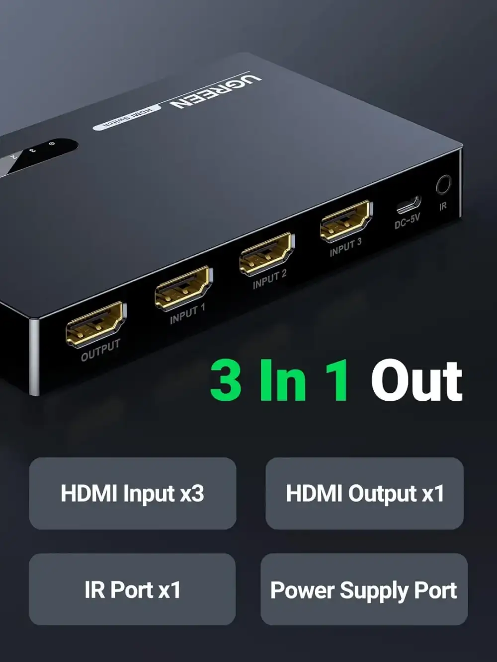 UGREEN 40234 3 In 1 Out 4K HDMI Splitter With IR Remote Control 1