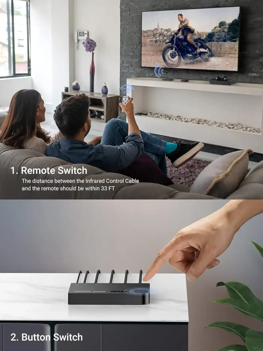 UGREEN 40234 3 In 1 Out 4K HDMI Splitter With IR Remote Control