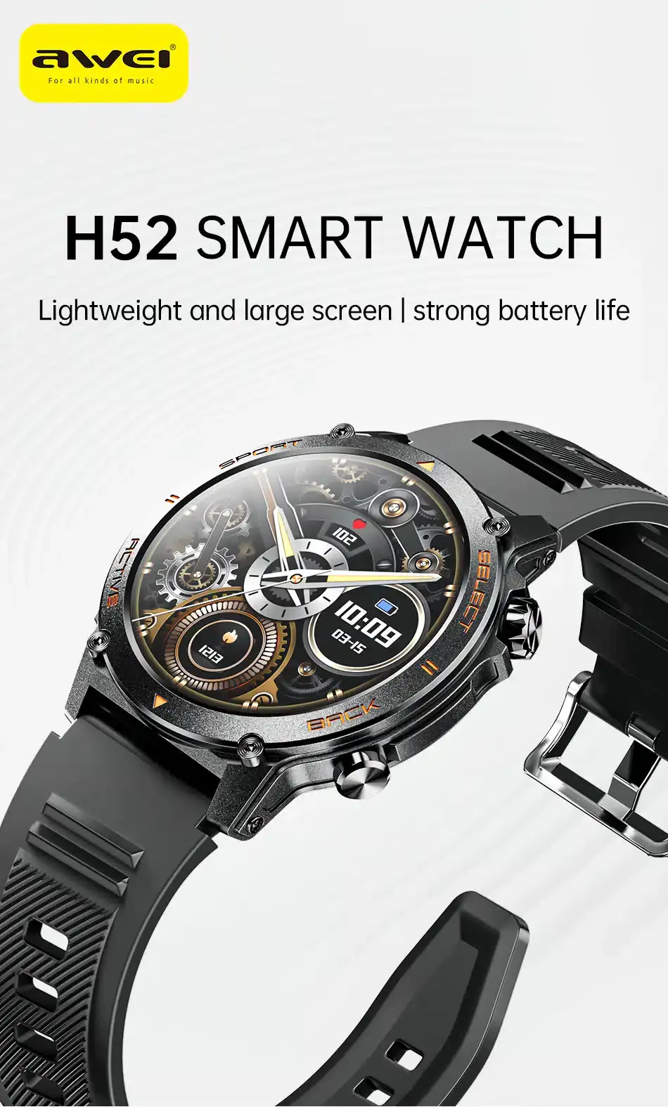 The AWEI H52 Smart Watch combines elegance and smart functionality, offering fitness tracking, notifications, and health monitoring in one device.