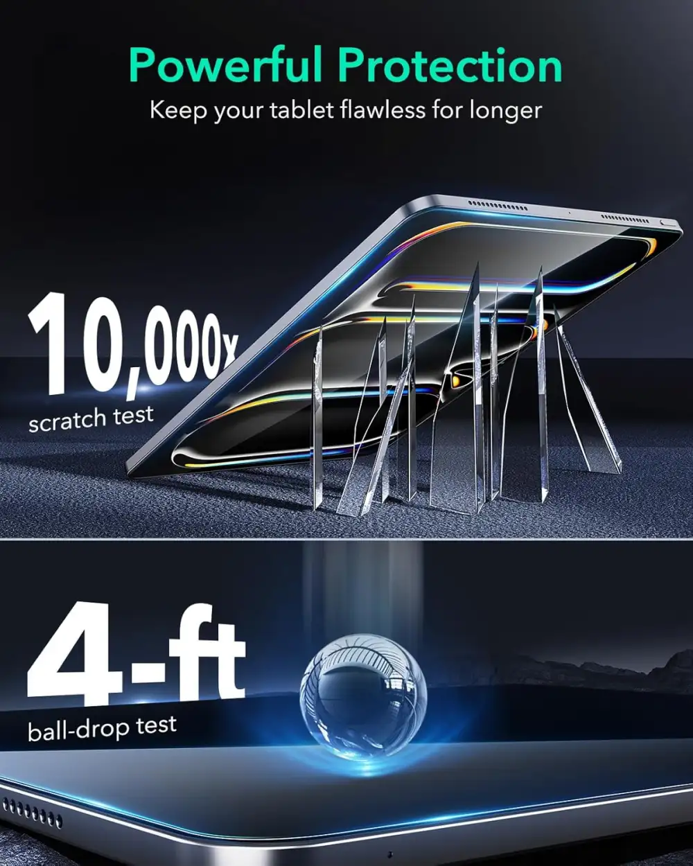 ESR UltraFit Armorite Screen Protector displayed beside iPad Pro 11 and 13 models highlighting edge-to-edge clarity.