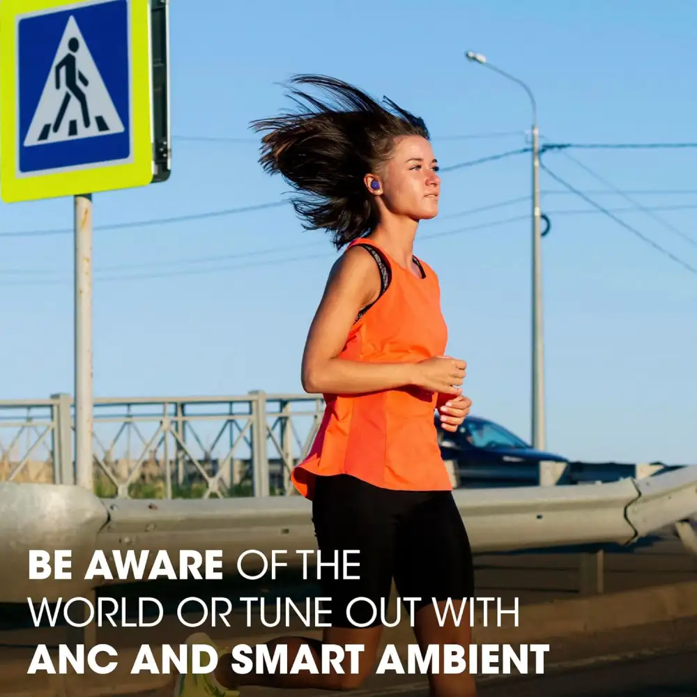 Close-up of JBL Endurance Race 2 earbuds highlighting sleek design and powerful bass performance.