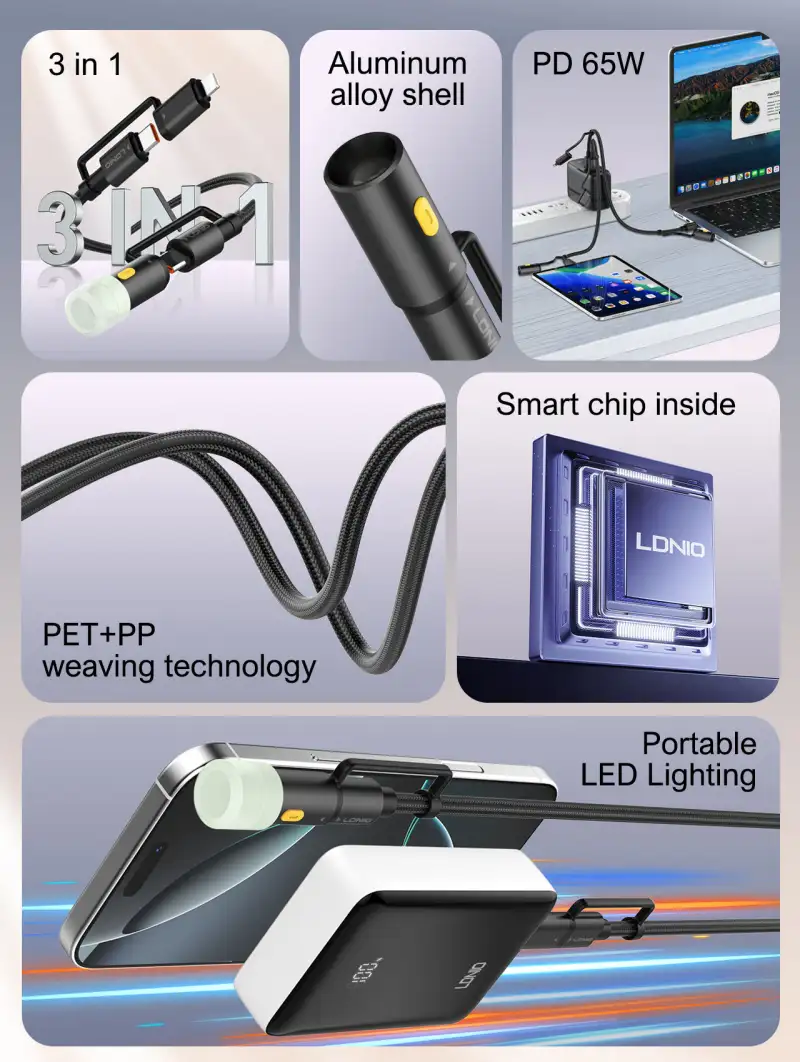 LDNIO LC19 65W 3-in-1 Super Fast Charging Data Cable