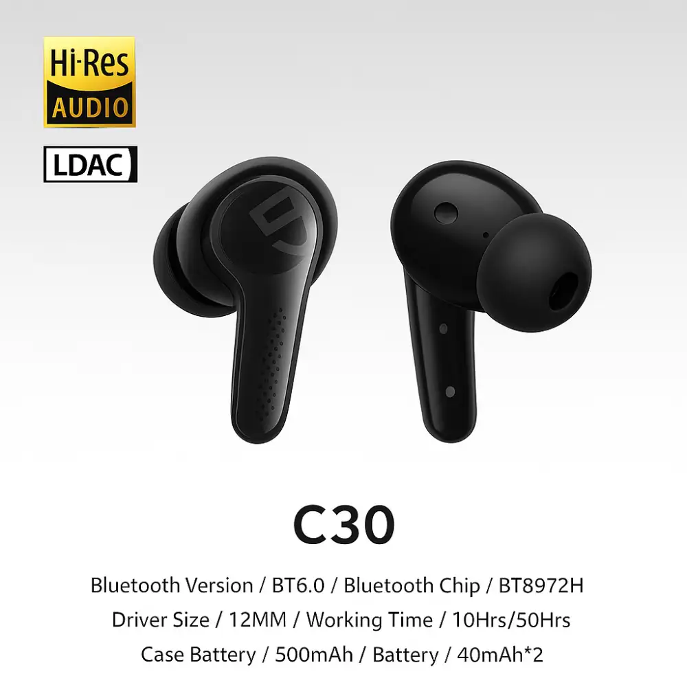 Enjoy wireless freedom with the SOUNDPEATS C30 Earbuds, featuring long battery life, fast charging, and high-resolution audio support.