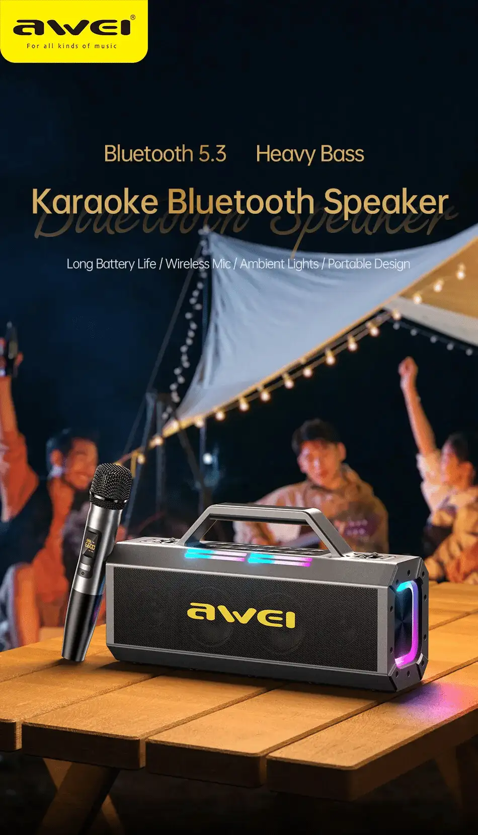 Awei KT8 160W powerful karaoke speaker with deep bass Portable party speaker with mic support and lighting