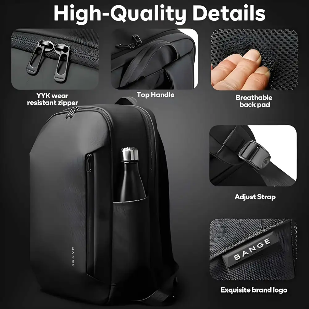 A lifestyle image featuring the backpack on a traveler at an airport or city street,