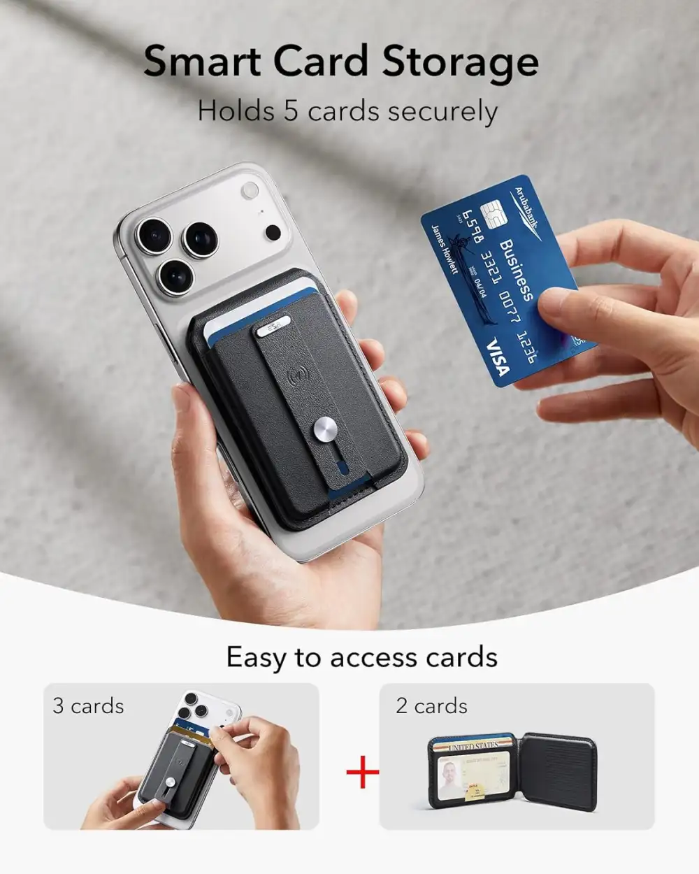 A lifestyle image showing the wallet stand attached to an iPhone,