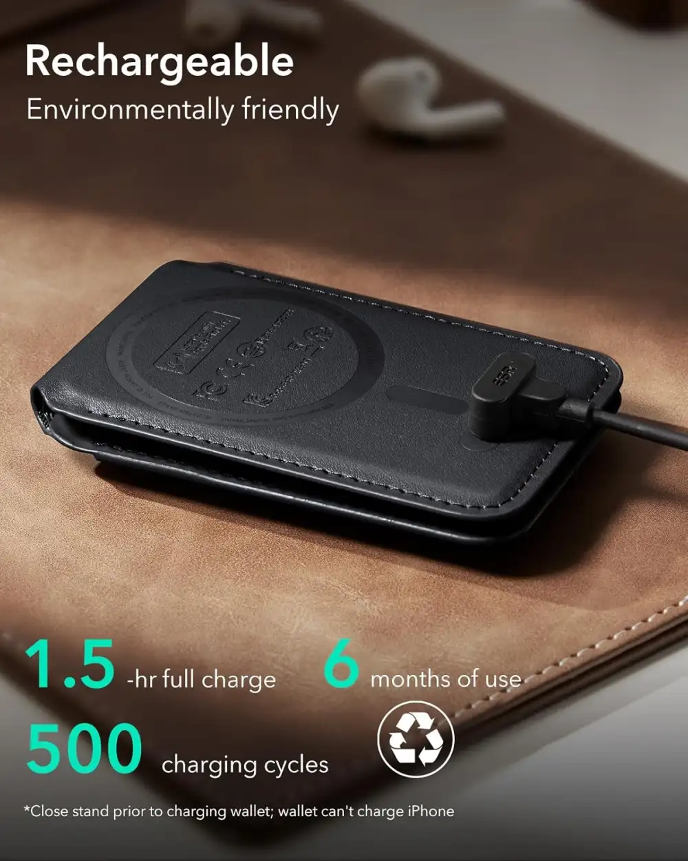 A flat-lay display featuring the wallet stand with an iPhone