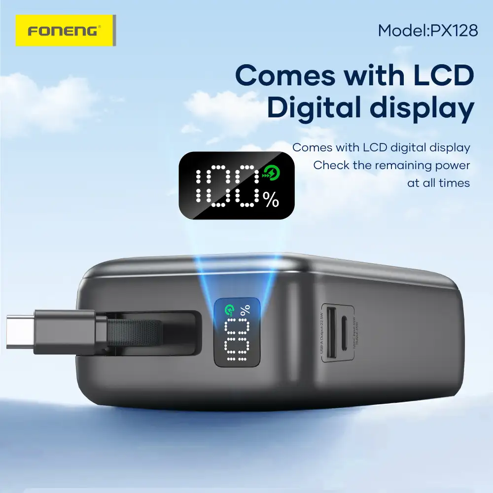 A lifestyle image showing the PX128 powering a laptop and smartphone simultaneously