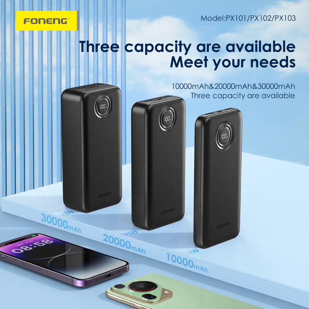 A clean studio shot of the Foneng PX101 10000mAh power bank,