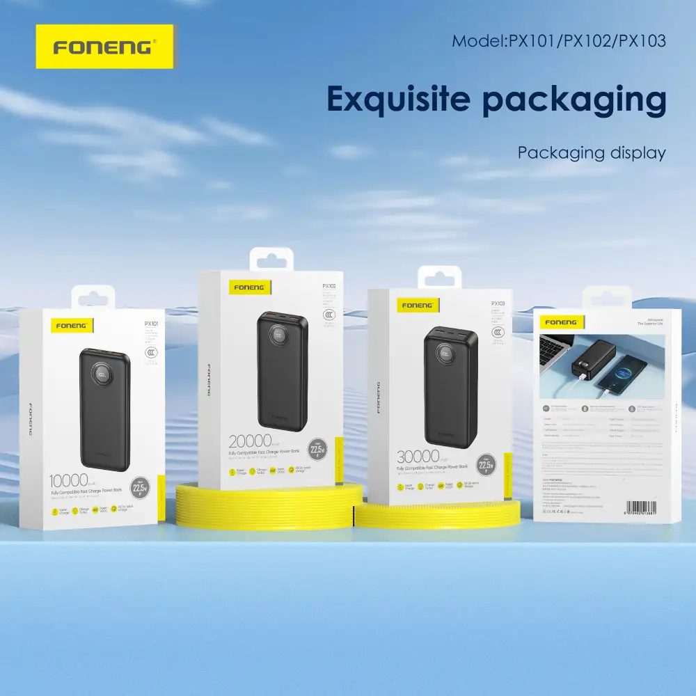 A top-down flat-lay layout featuring the power bank,