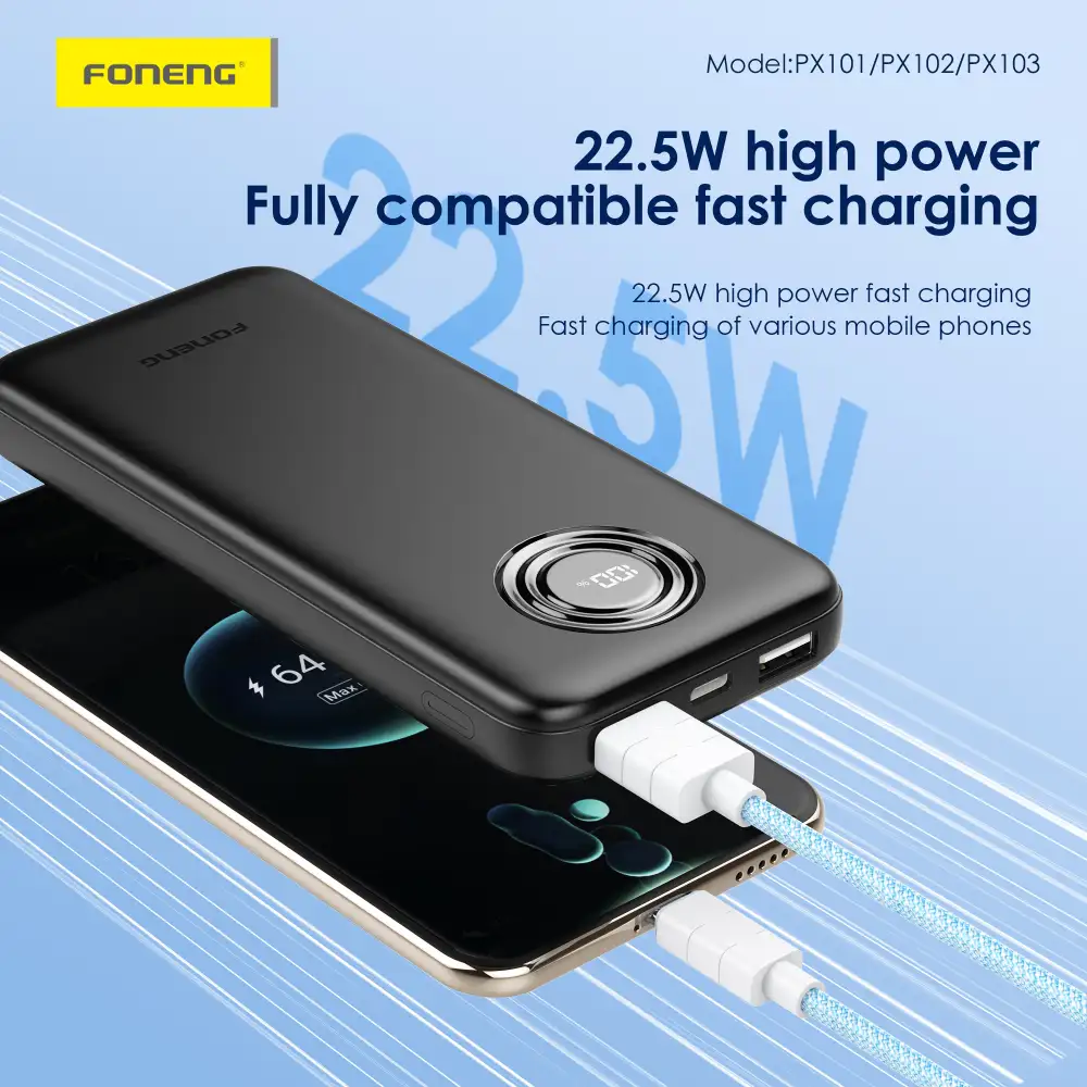 A lifestyle image showing the PX101 charging a smartphone through its fast Type-C port,