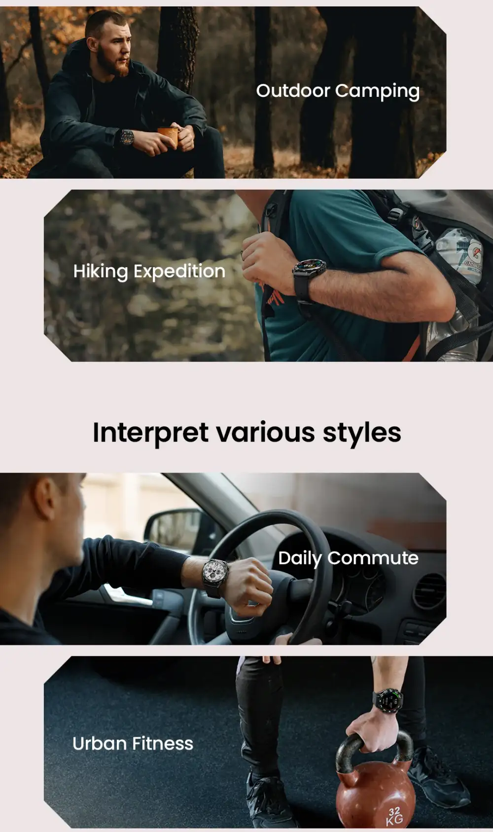 A lifestyle wrist shot with the R8 displaying health metrics like heart rate and step count