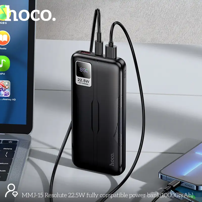 A lifestyle image showing the MMJ-15 charging a smartphone at high speed,