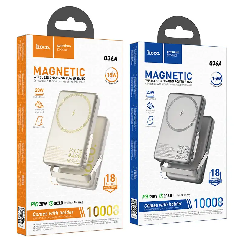 A lifestyle image of the power bank magnetically attached to the back of an iPhone,