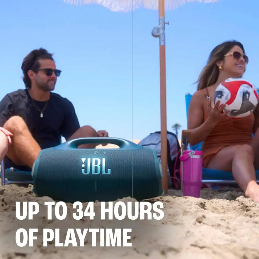 An outdoor scene with the Boombox 4 placed near a pool,