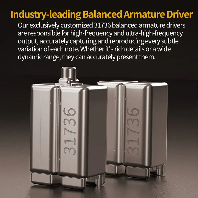 A macro shot focusing on the balanced armature drivers and dynamic driver chamber,