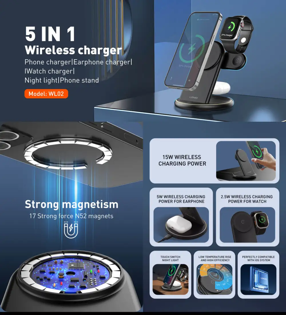LDNIO WL02 5 IN 1 Desktop Wireless Charging Station