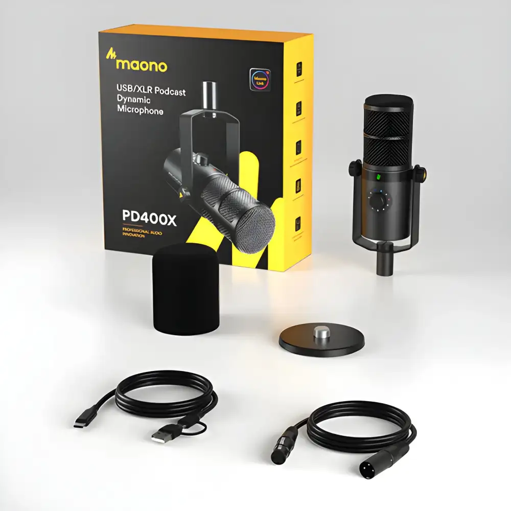 A lifestyle scene with the microphone in use during a live stream or YouTube recording,