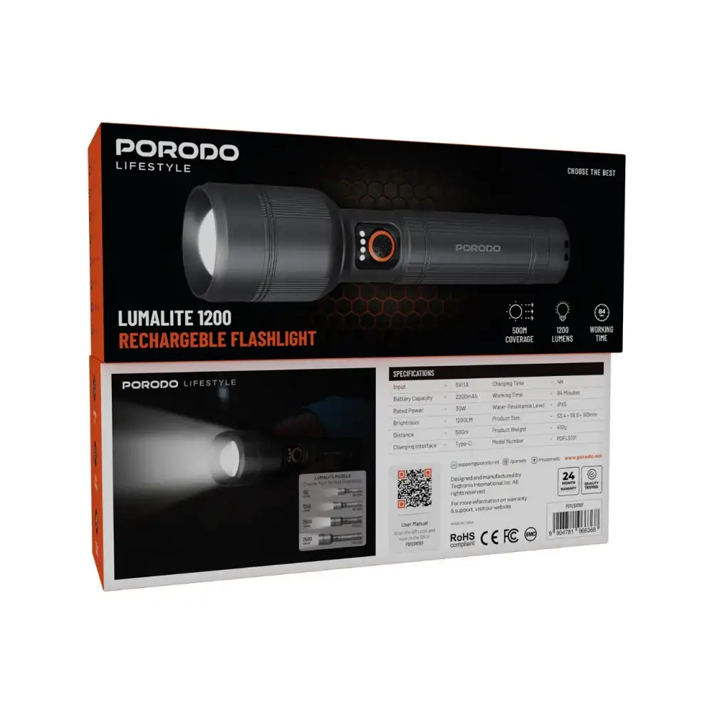 A crisp studio close-up of the Porodo Lifestyle Lumalite 1200 rechargeable LED flashlight