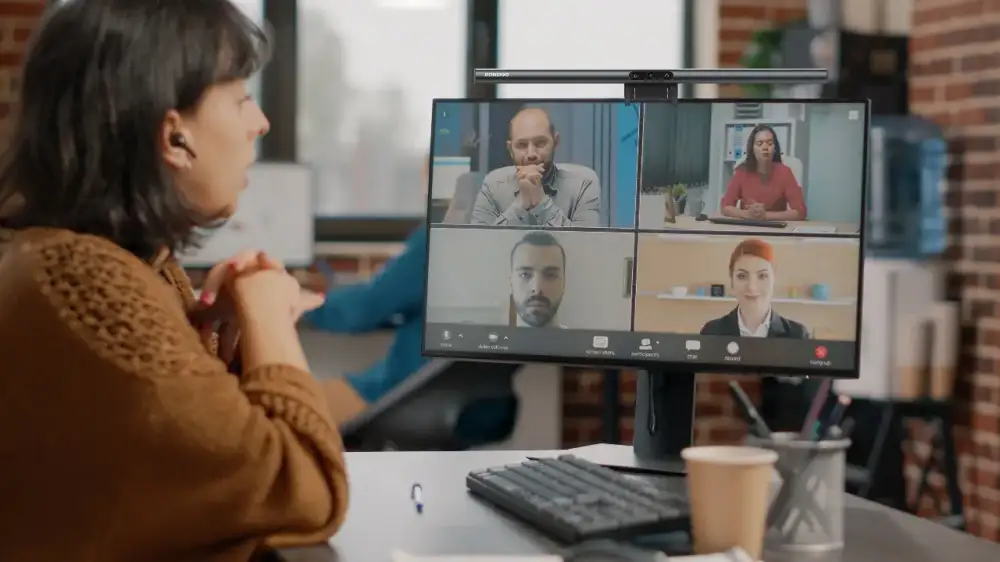 A clean studio shot of the Porodo LumaView Webcam with Desk Light,