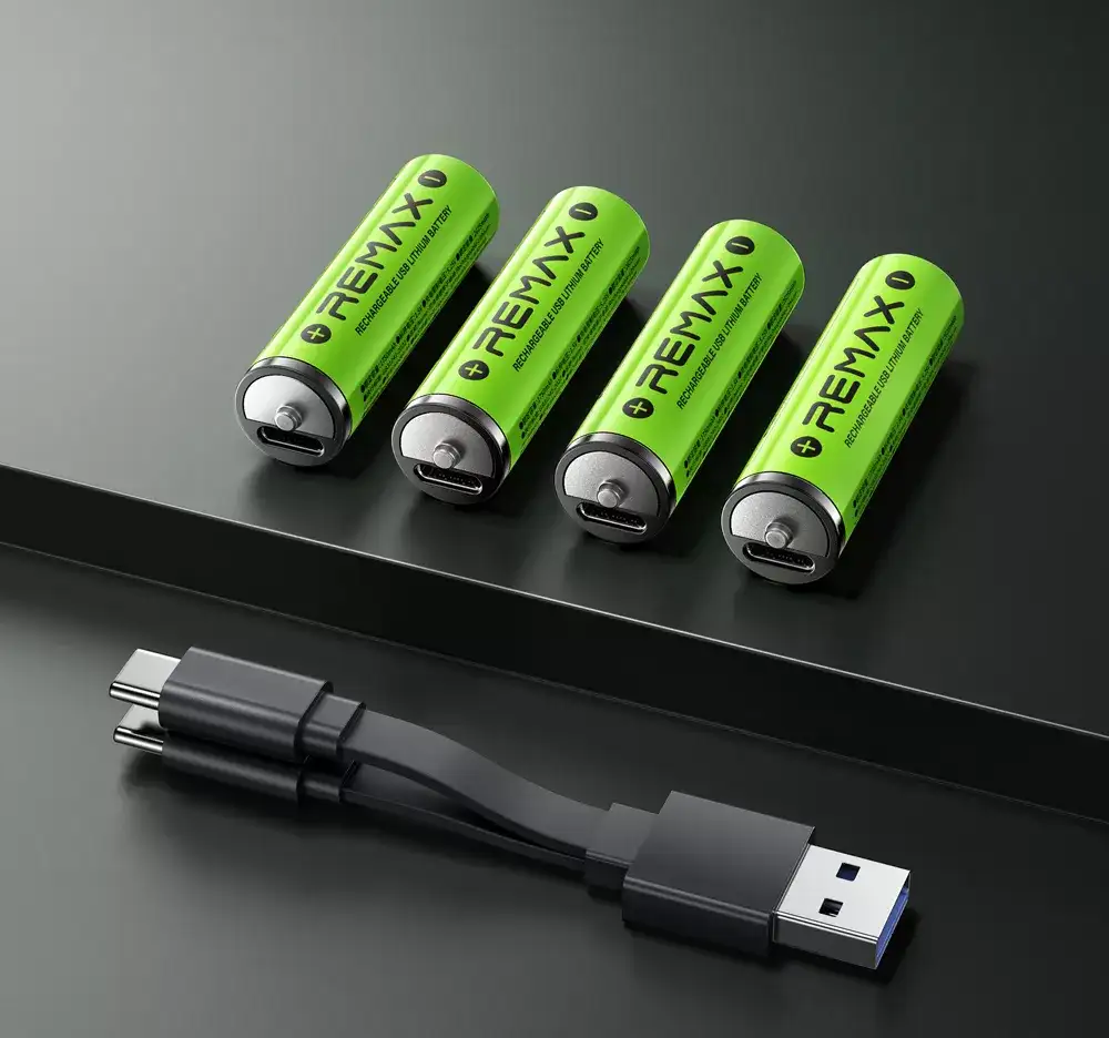 A crisp studio close-up of the Remax AAA02 814 mWh rechargeable lithium battery