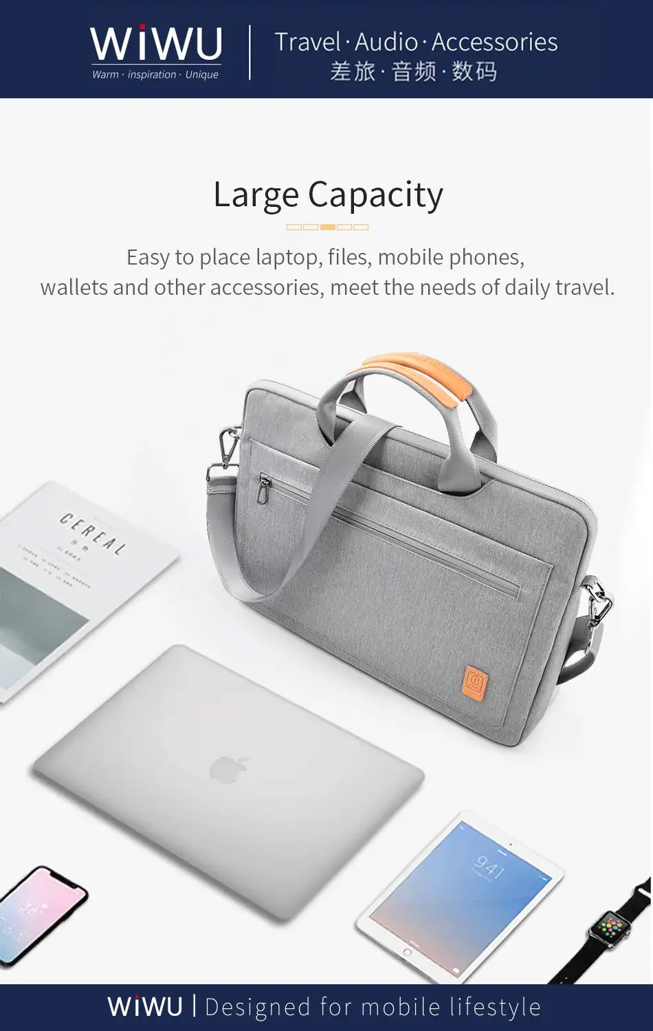 A lifestyle image of the sleeve on a desk beside a laptop and accessories,