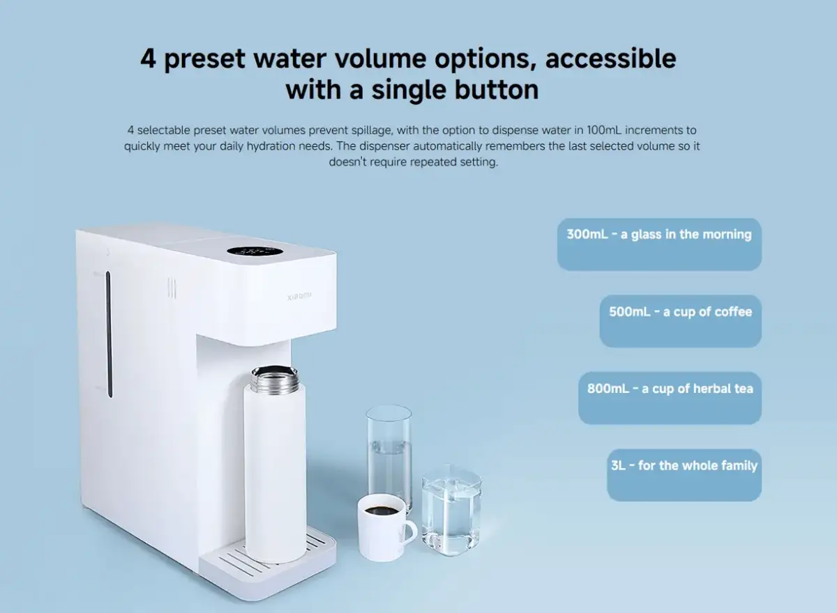 A lifestyle image showing the dispenser pouring instant hot water for tea or noodles,