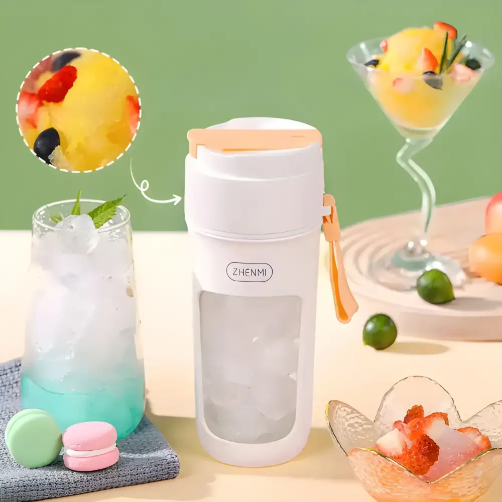 A vibrant lifestyle image showing the blender preparing a fresh fruit smoothie