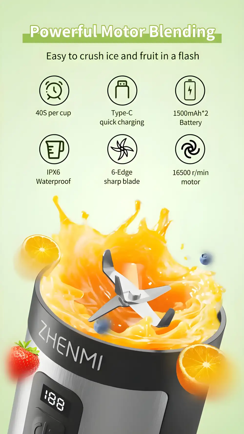 A crisp studio close-up of the Zhenmi ZMGZ-J17 portable ice-crushing blender