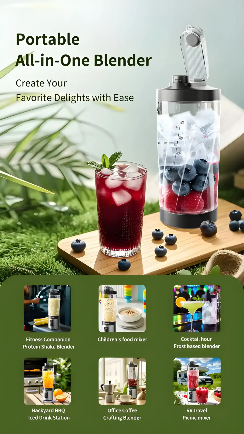 A lifestyle image showing the blender in use crushing ice and fresh fruit together