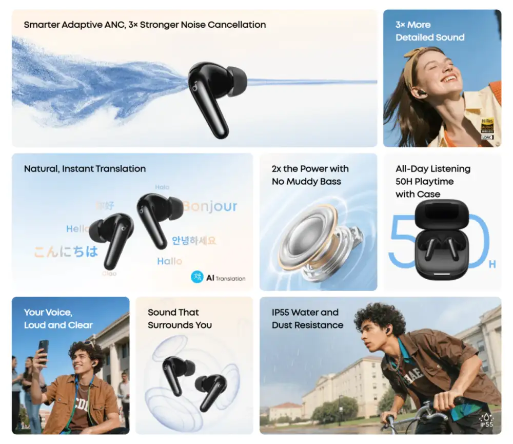 Anker Soundcore R60i NC Wireless Earbuds (Adaptive ANC) Anker Soundcore R60i NC wireless earbuds feature infographic highlighting Adaptive ANC, LDAC audio, AI translation, and 50-hour playtime