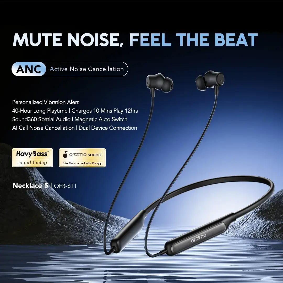 oraimo Necklace 5 ANC OEB-611 Wireless Neckband with Active Noise Cancellation, HavyBass and Sound360 Spatial Audio