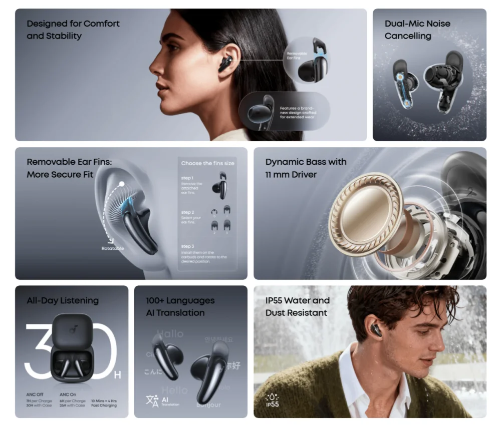 Anker Liberty Buds wireless semi-in-ear earbuds with Adaptive ANC, removable ear fins, 11mm driver, AI translation and IP55 water resistance