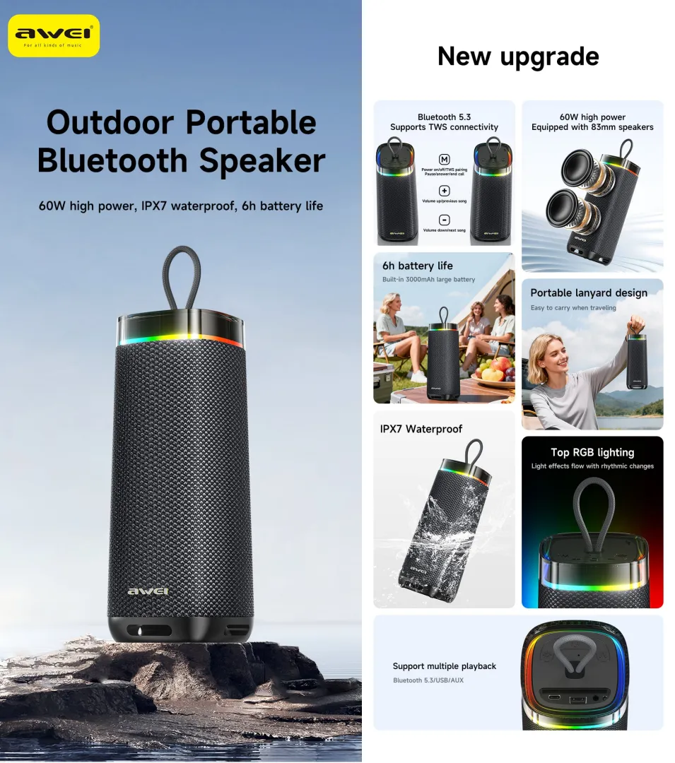AWEI KA66 outdoor portable Bluetooth speaker with 60W power, IPX7 waterproof design, RGB lighting and TWS support