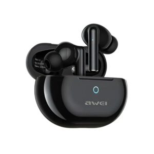 Awei T61 wireless bluetooth ENC earbuds front view with charging case