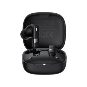 : Baseus Bowie E20s ENC TWS earbuds front view with charging case