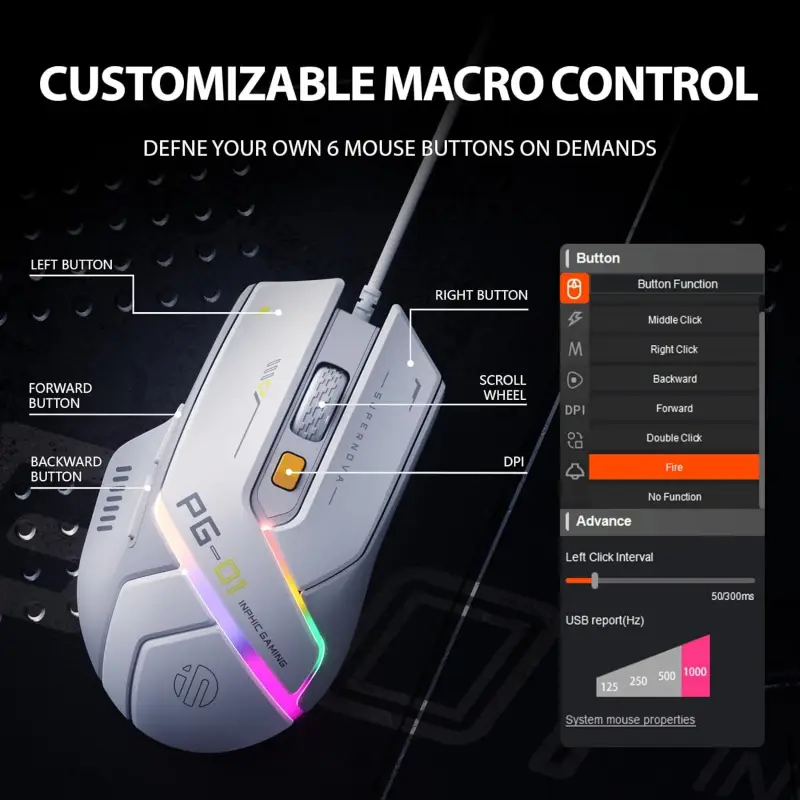 Inphic PG1 gaming mouse side profile ergonomic design