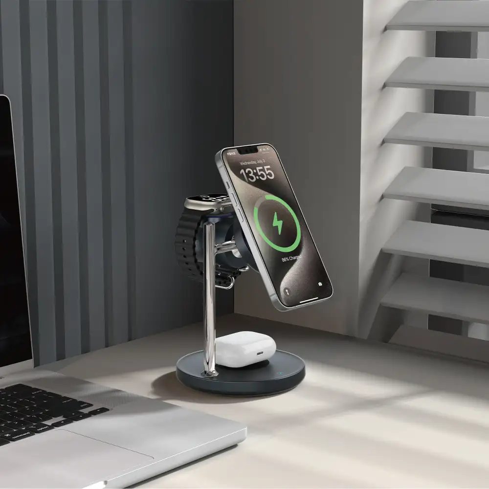WiWU Qi2 3-in-1 wireless charging station side profile