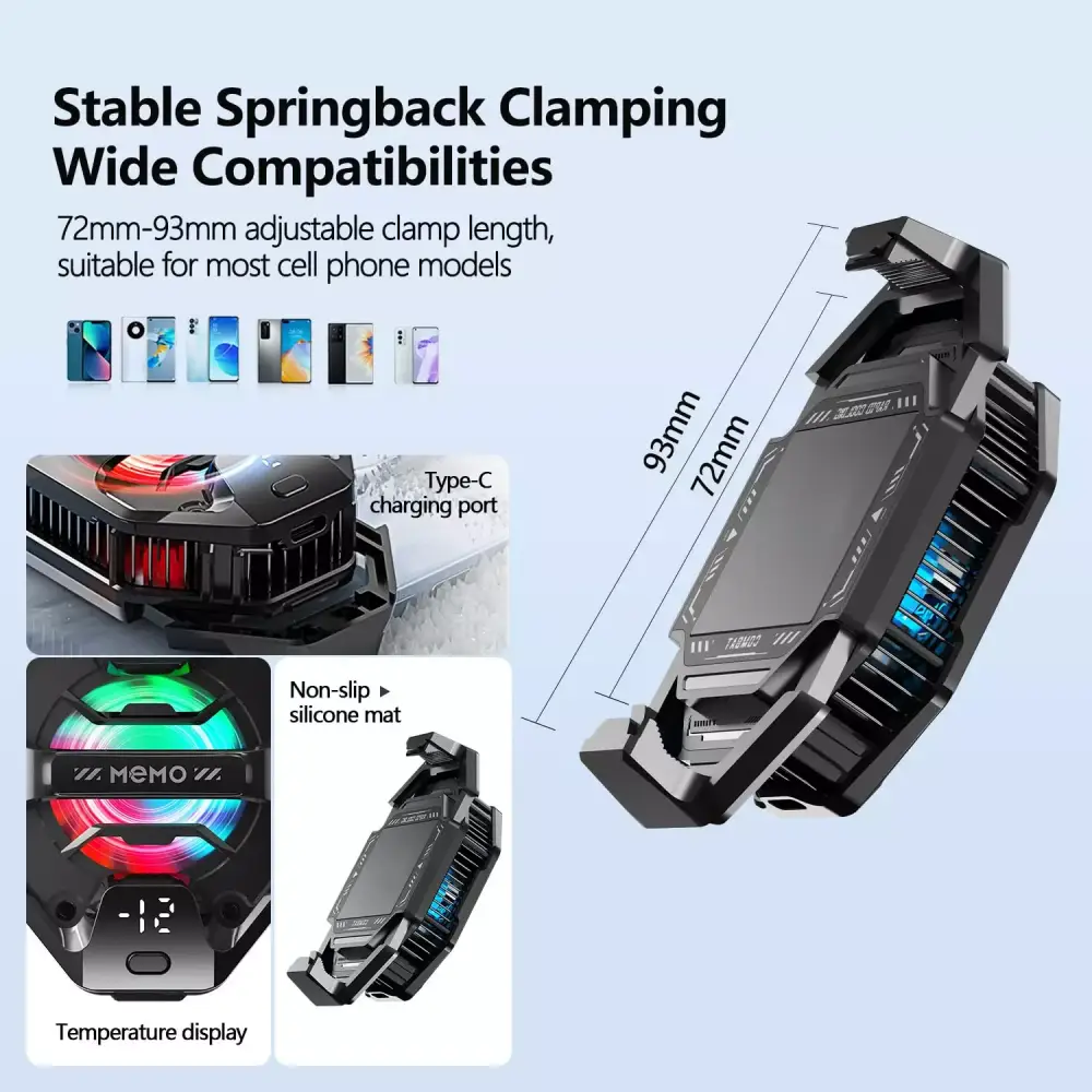 MEMO DL20 27W phone cooler adjustable clip 72mm to 93mm universal compatibility with RGB temperature display