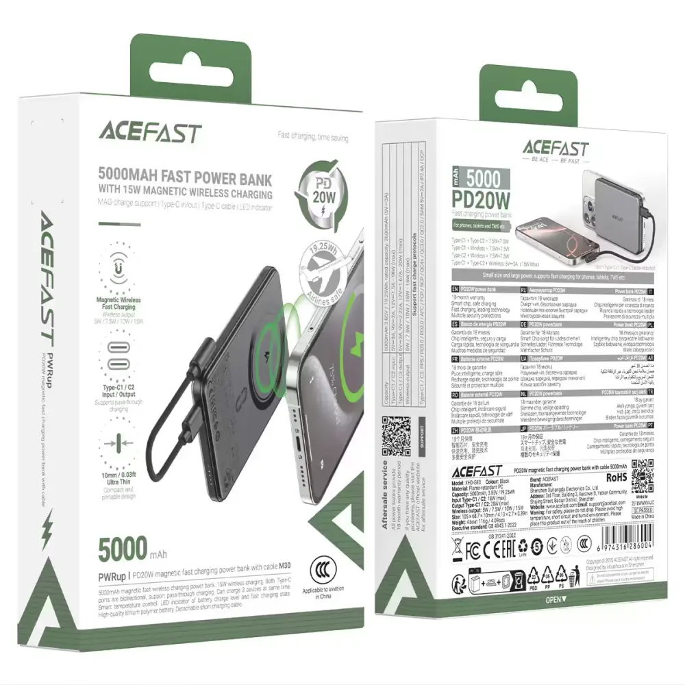 acefast m30 5000mah pd20w magnetic wireless power bank box front back
