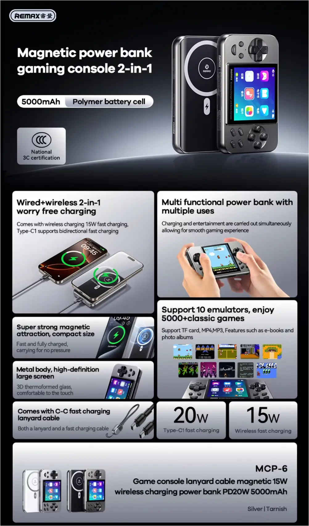 REMAX MCP-6 2-in-1 Magnetic Gaming Power Bank – 5000mAh REMAX 5000mAh portable gaming charger for smartphones